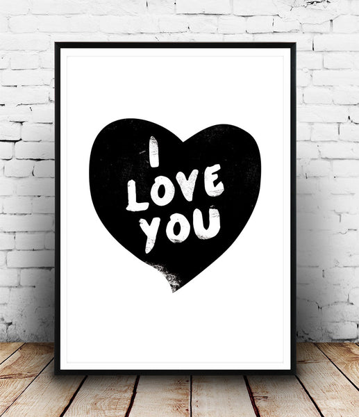 I love you print, heart art, quote prin, black and white wall art - Wallzilladesign