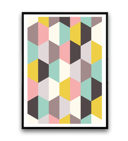 Hexagon pattern print in pink, yellow and turquoise - Wallzilladesign
