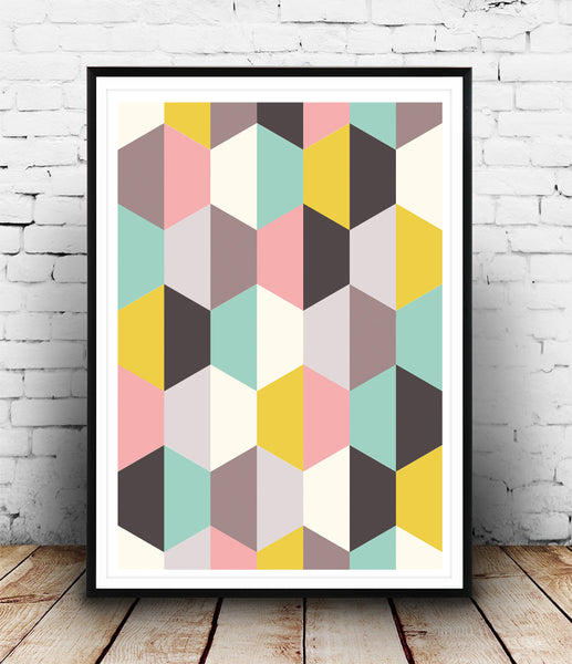 Hexagon pattern print in pink, yellow and turquoise - Wallzilladesign