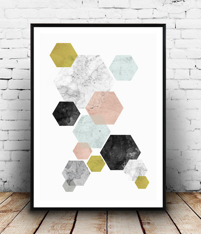 Hexagon abstract print, marble decor, modern art - Wallzilladesign