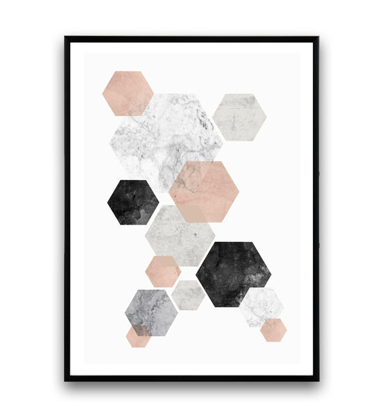 Minimalist wall art, pink and gray abstract print, hexagon decor - Wallzilladesign