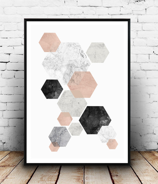 Minimalist wall art, pink and gray abstract print, hexagon decor - Wallzilladesign