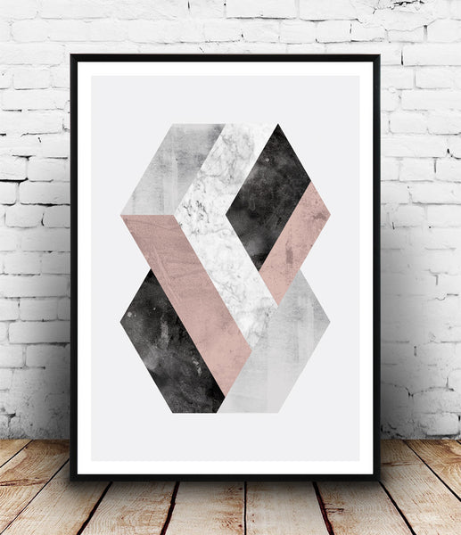 Hexagon print, geometric abstract print, pink and gray - Wallzilladesign
