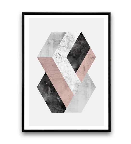 Hexagon print, geometric abstract print, pink and gray - Wallzilladesign