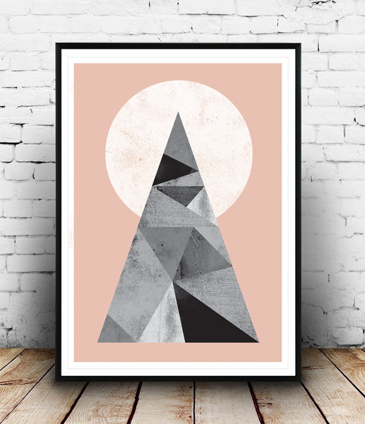 Gray geometric mountain with sun poster - Wallzilladesign