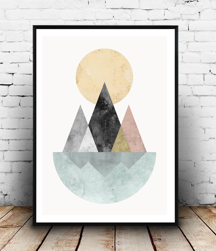 Geometric abstract print, nordic design art, mountains and lake poster - Wallzilladesign