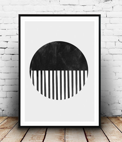 Watercolor circle print, geometric abstract poster, monochrome wall art, stripes print - Wallzilladesign