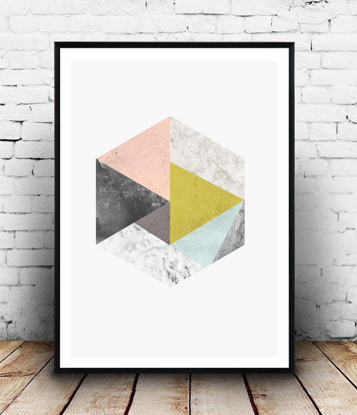 Marble and pastel colors hexagon abstract print - Wallzilladesign