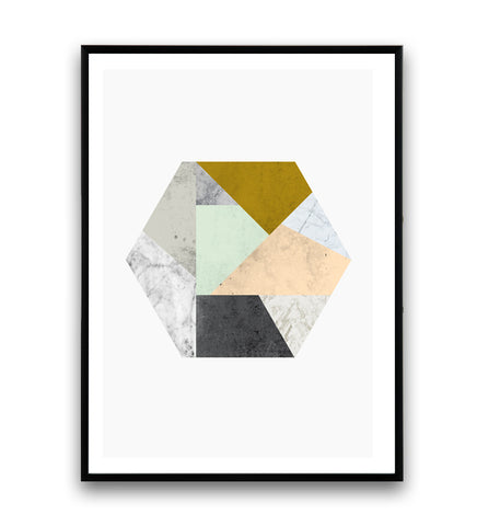 Hexagon with pastel colors and marble textures print - Wallzilladesign