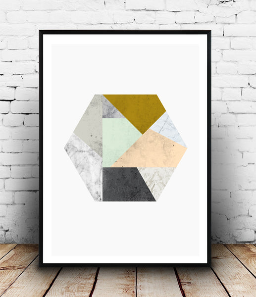 Hexagon with pastel colors and marble textures print - Wallzilladesign