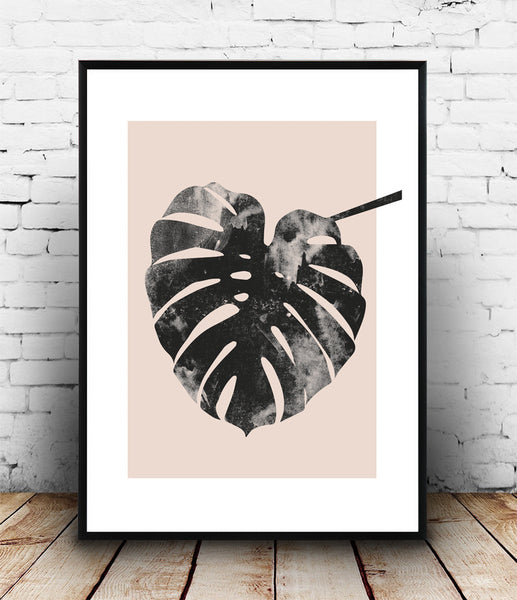 Monstera leaf print, pink wall decor, watercolor art print, nordic design - Wallzilladesign