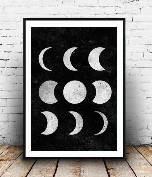 Moon phases print, black and white wall art, watercolor poster - Wallzilladesign