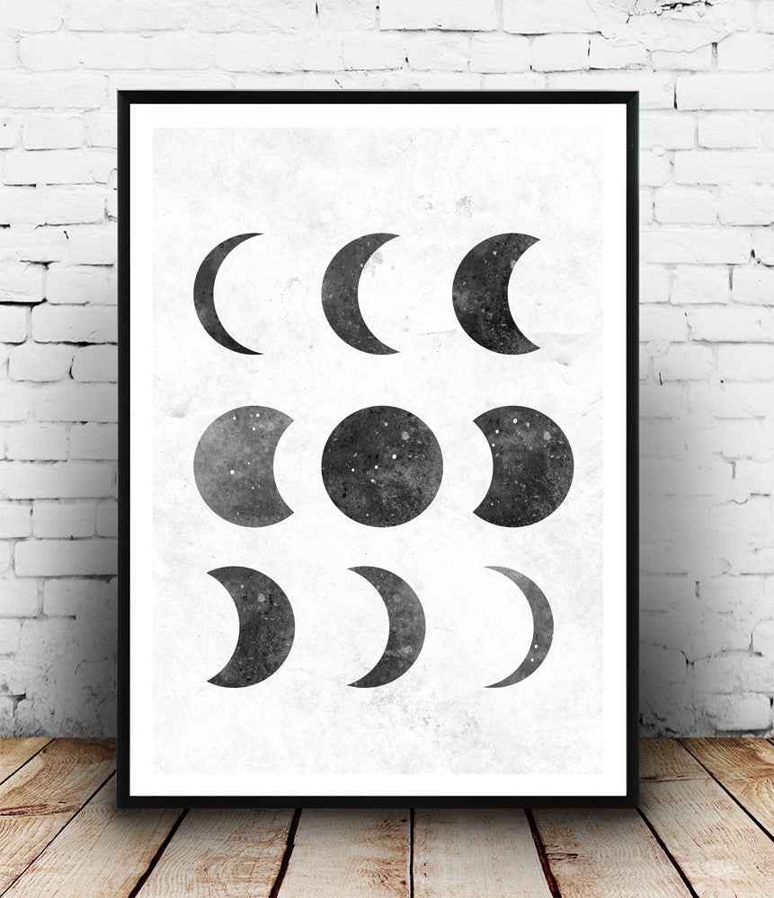 Minimalist moon phases print, black and white art, modern art - Wallzilladesign