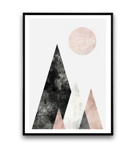 Geometric mountains art print in pink and gray - Wallzilladesign