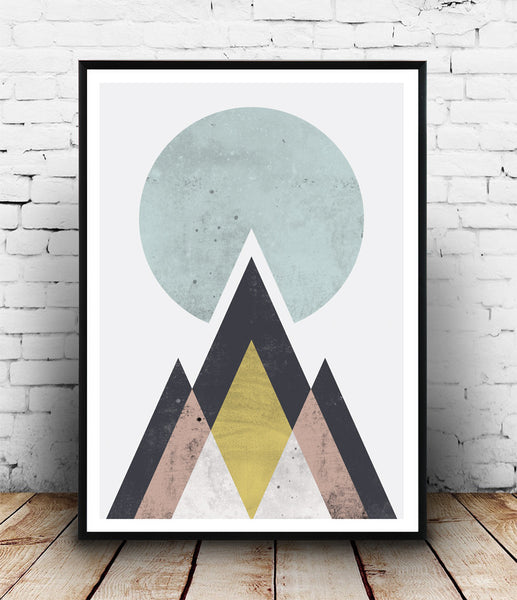 Watercolor print, geometric mountains print, abstract design poster, - Wallzilladesign