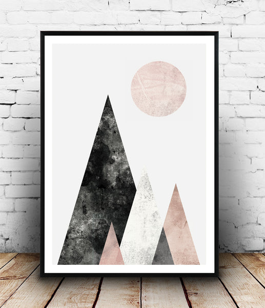 Geometric mountains art print in pink and gray - Wallzilladesign