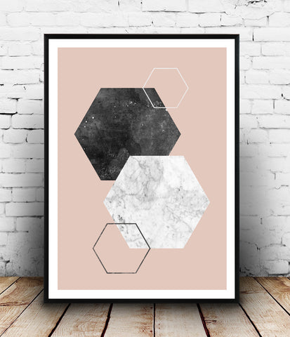 Marble and black watercolor hexagon on pink print - Wallzilladesign