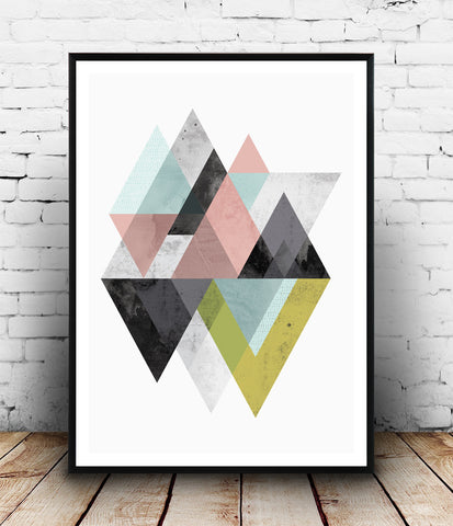 Geometric mountains art print in pink, blue and yellow-green - Wallzilladesign
