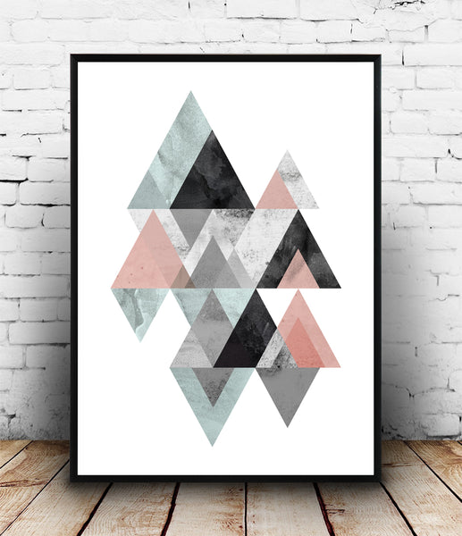 Geometric mountains print with pink and blue colors - Wallzilladesign