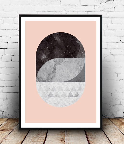 Geometric abstract print with marble texture and pink background - Wallzilladesign