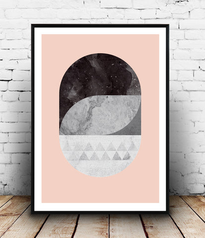 Geometric abstract print with marble texture and pink background - Wallzilladesign