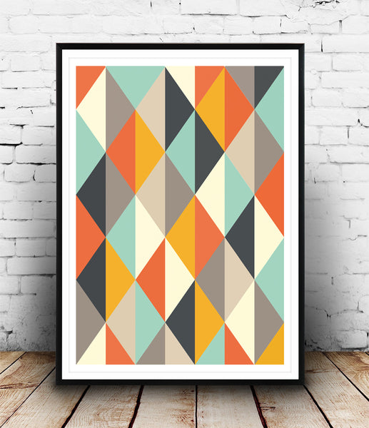 Harlequin pattern with orange beige and turquoise colors - Wallzilladesign