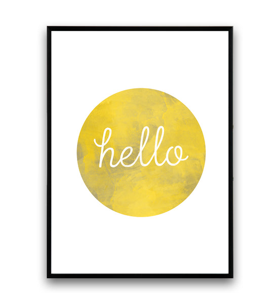 Hello quote print - yellow circle with a watercolor texture - Wallzilladesign