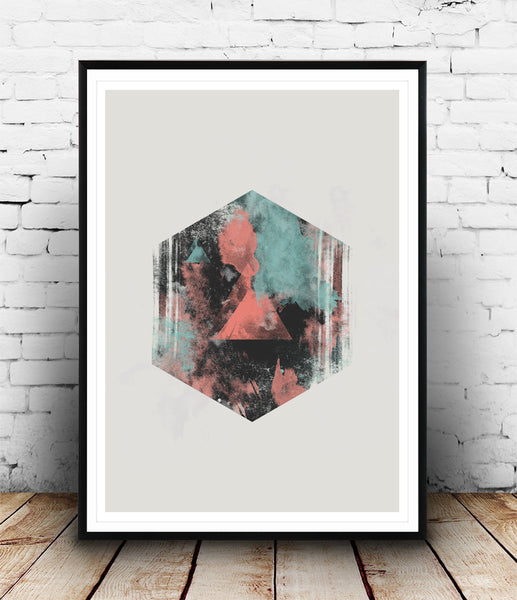 Hexagon abstract with watercolor brush strokes - Wallzilladesign