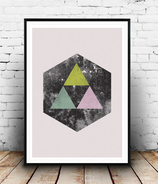 Watercolor hexagon object with colored triangles - Wallzilladesign