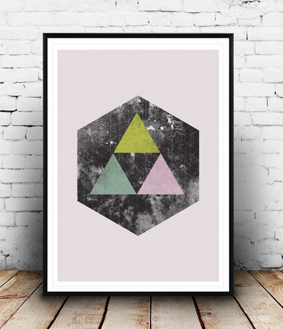Watercolor hexagon object with colored triangles - Wallzilladesign