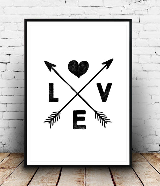 Boho chic decor, love art print, arrows print, black and white wall art - Wallzilladesign