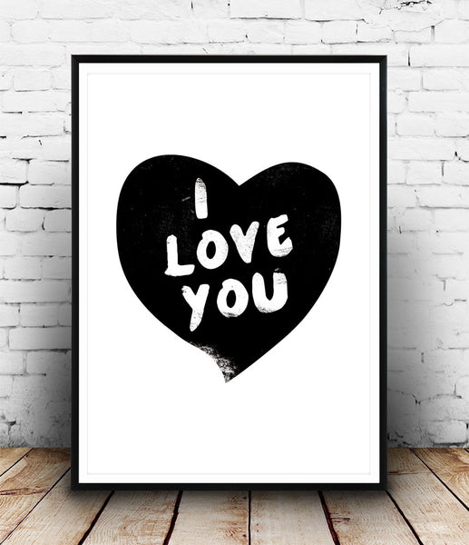 I love you print, heart art, quote prin, black and white wall art - Wallzilladesign