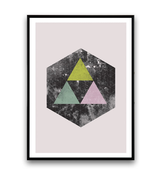 Watercolor hexagon object with colored triangles - Wallzilladesign