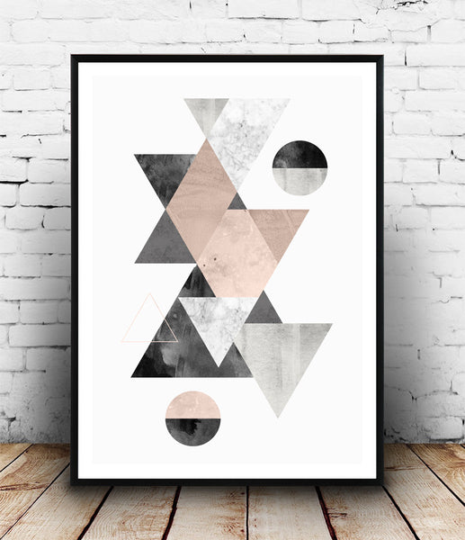 Pinkg and gray wall art, geometric triangle print - Wallzilladesign