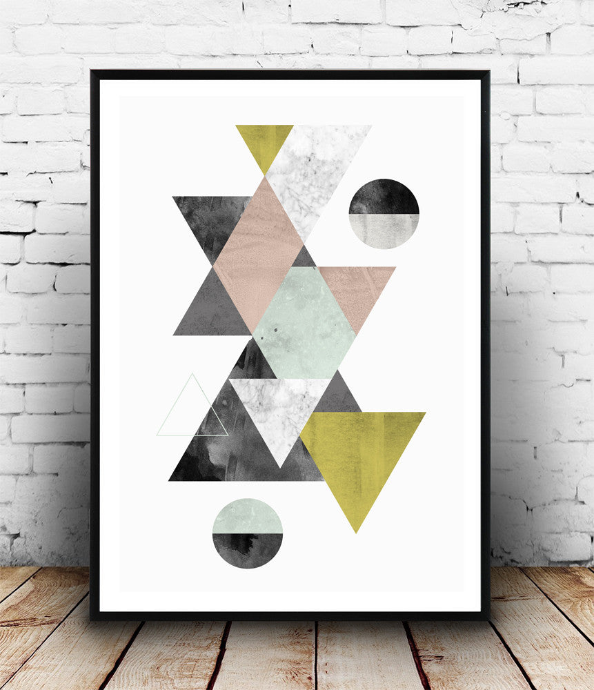 Triangles print, geometric poster, minimalist watercolor art - Wallzilladesign